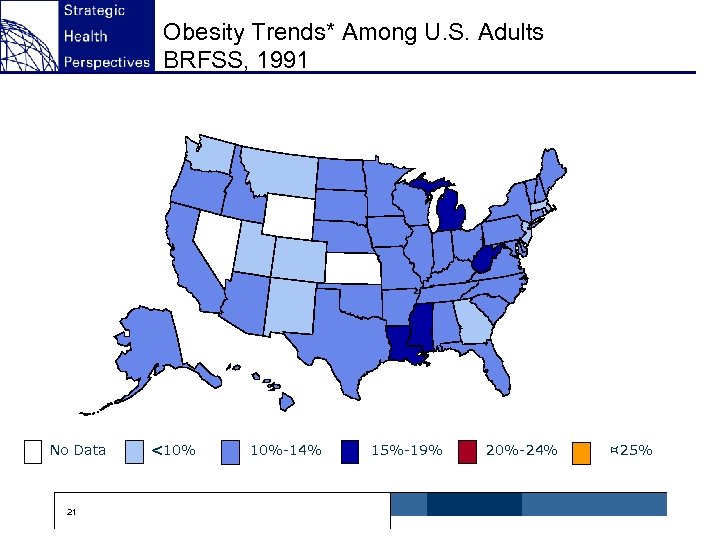 Obesity Trends* Among U. S. Adults BRFSS, 1991 No Data 21 <10% 10%-14% 15%-19%