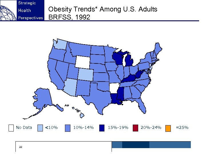 Obesity Trends* Among U. S. Adults BRFSS, 1992 No Data 22 <10% 10%-14% 15%-19%