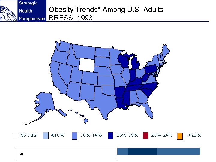 Obesity Trends* Among U. S. Adults BRFSS, 1993 No Data 23 <10% 10%-14% 15%-19%