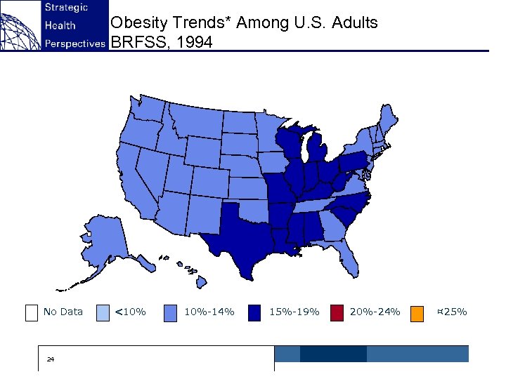 Obesity Trends* Among U. S. Adults BRFSS, 1994 No Data 24 <10% 10%-14% 15%-19%