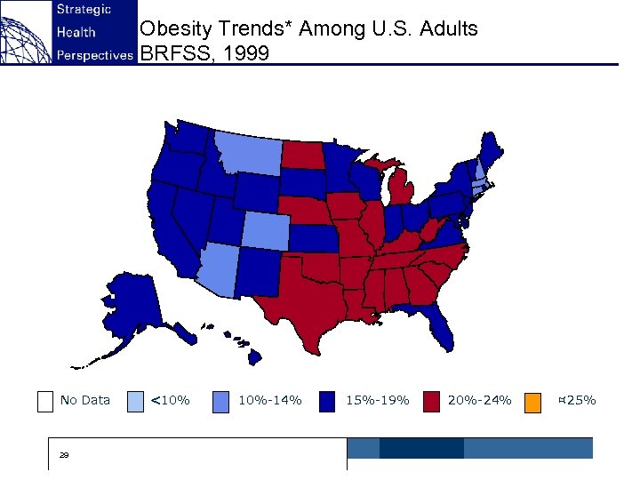 Obesity Trends* Among U. S. Adults BRFSS, 1999 No Data 29 <10% 10%-14% 15%-19%