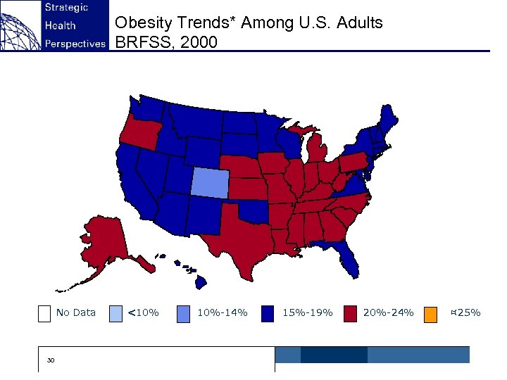 Obesity Trends* Among U. S. Adults BRFSS, 2000 No Data 30 <10% 10%-14% 15%-19%