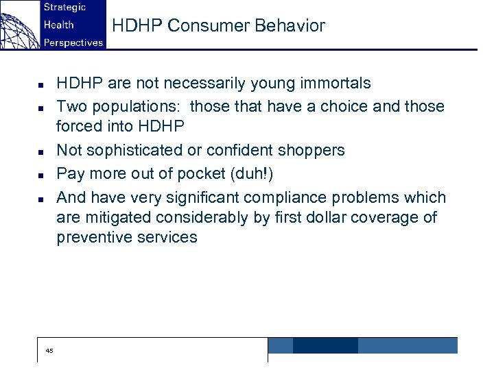 HDHP Consumer Behavior HDHP are not necessarily young immortals Two populations: those that have