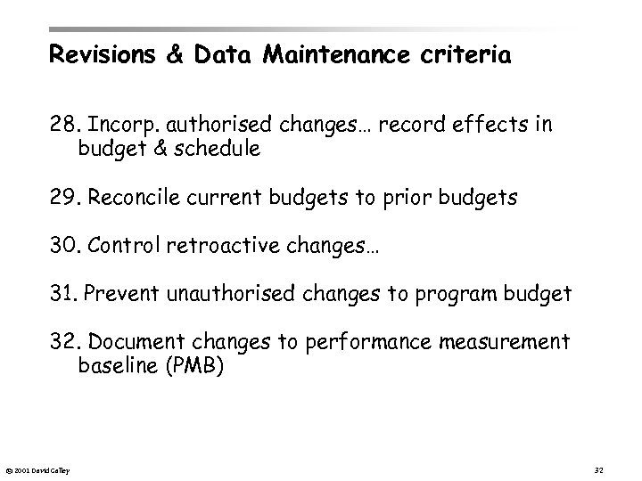 Revisions & Data Maintenance criteria 28. Incorp. authorised changes… record effects in budget &