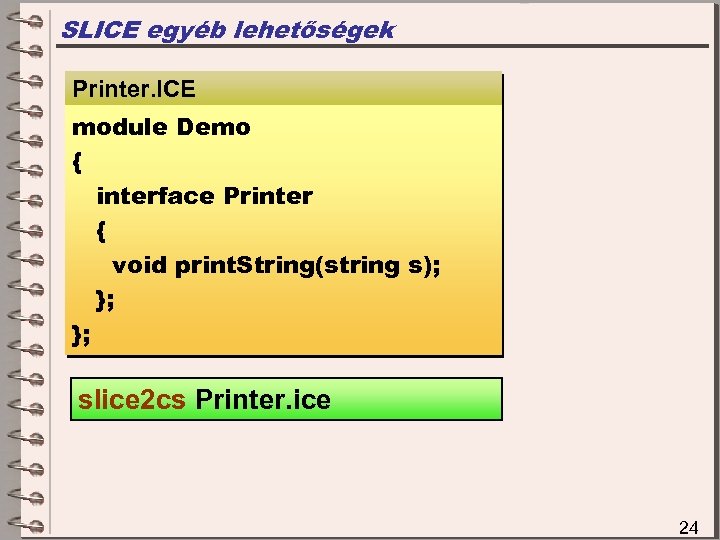 SLICE egyéb lehetőségek Printer. ICE module Demo { interface Printer { void print. String(string