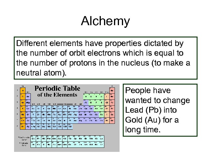 Alchemy Different elements have properties dictated by the number of orbit electrons which is