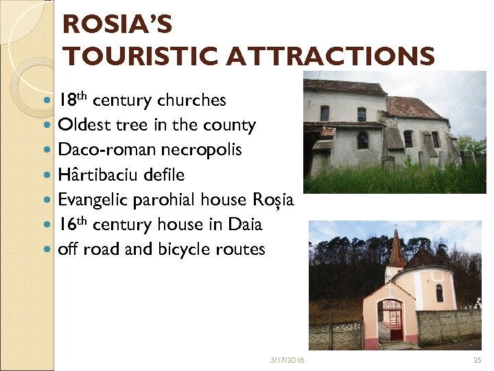 ROSIA’S TOURISTIC ATTRACTIONS 18 th century churches Oldest tree in the county Daco-roman necropolis