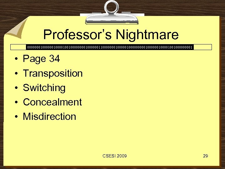 Professor’s Nightmare 00000001000010010000001100000001000001000000100100001 • • • Page 34 Transposition Switching Concealment Misdirection CSESI 2009