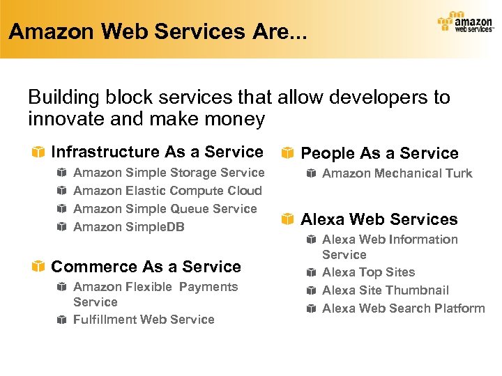 Amazon Web Services Are. . . Building block services that allow developers to innovate