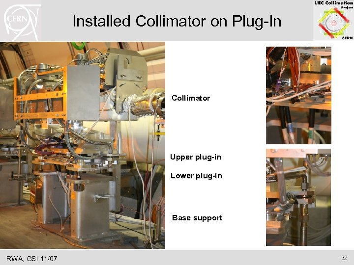 Installed Collimator on Plug-In Collimator Upper plug-in Lower plug-in Base support RWA, GSI 11/07
