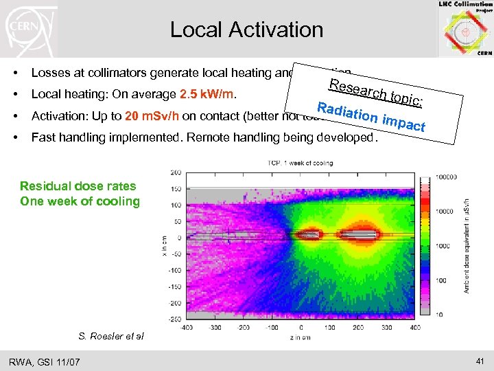 Local Activation • Losses at collimators generate local heating and activation. • Local heating: