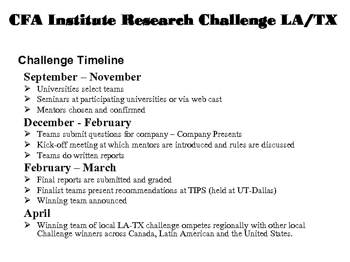 CFA Institute Research Challenge LA/TX Challenge Timeline September – November Ø Universities select teams
