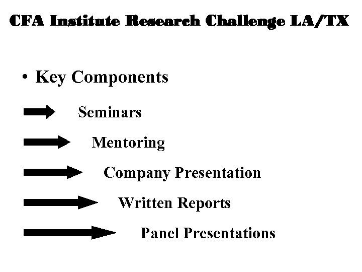 CFA Institute Research Challenge LA/TX • Key Components Seminars Mentoring Company Presentation Written Reports