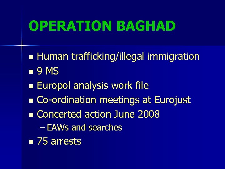 OPERATION BAGHAD Human trafficking/illegal immigration n 9 MS n Europol analysis work file n