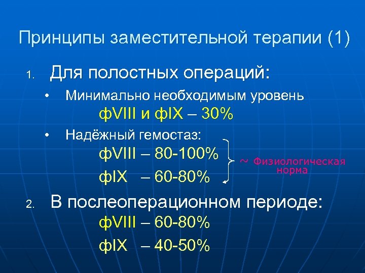 Принципы заместительной терапии (1) Для полостных операций: 1. • Минимально необходимым уровень ф. VIII