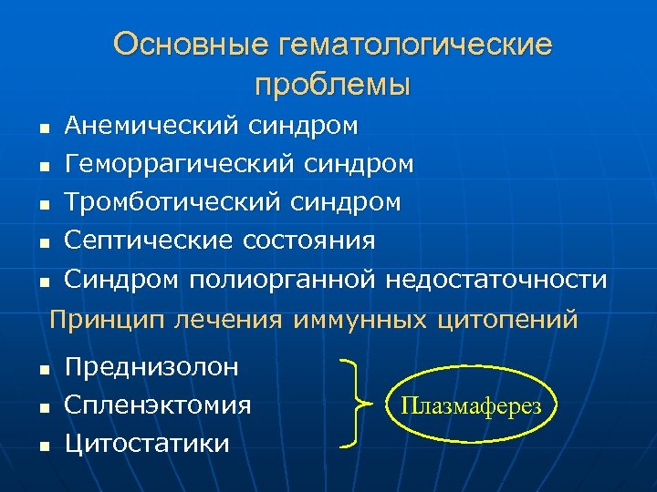 Основные гематологические проблемы n Анемический синдром Геморрагический синдром Тромботический синдром n Септические состояния n