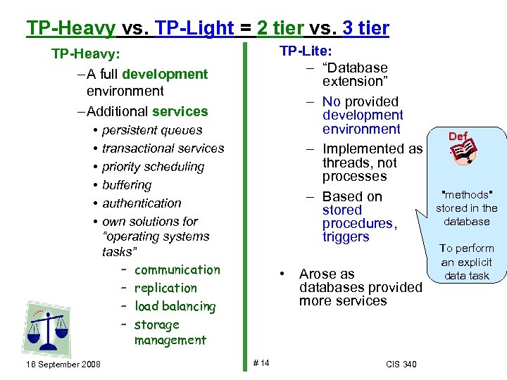 TP-Heavy vs. TP-Light = 2 tier vs. 3 tier TP-Lite: – “Database extension” –