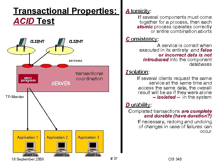 Transactional Properties: ACID Test CLIENT SERVER If several components must come together for a