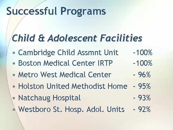 Successful Programs Child & Adolescent Facilities • • • Cambridge Child Assmnt Unit Boston