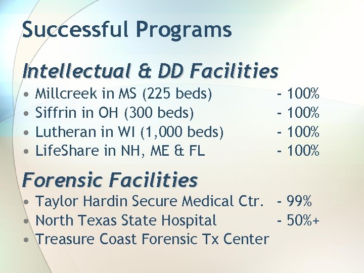 Successful Programs Intellectual & DD Facilities • • Millcreek in MS (225 beds) Siffrin