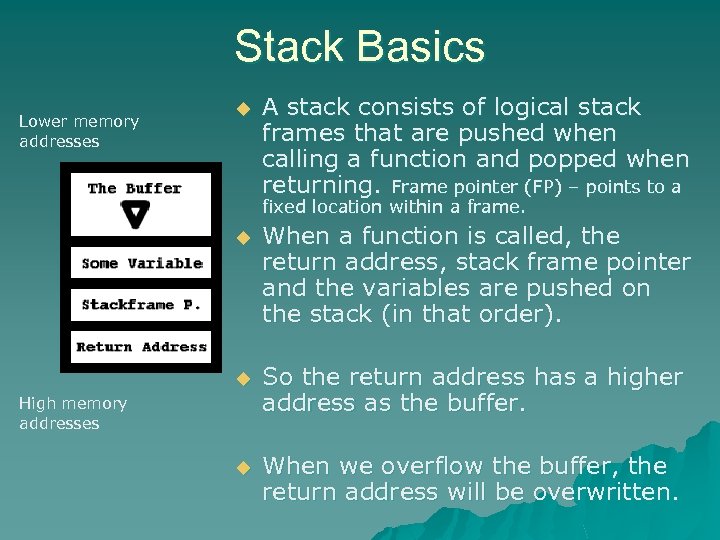 Stack Basics Lower memory addresses u A stack consists of logical stack frames that