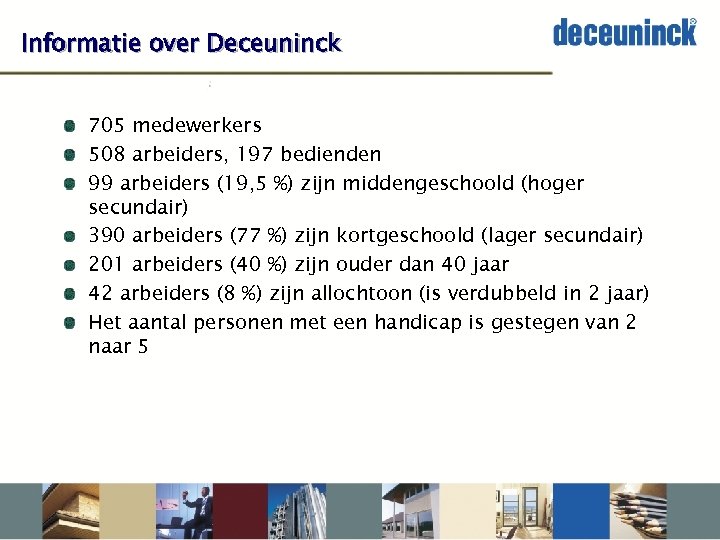 Informatie over Deceuninck 705 medewerkers 508 arbeiders, 197 bedienden 99 arbeiders (19, 5 %)