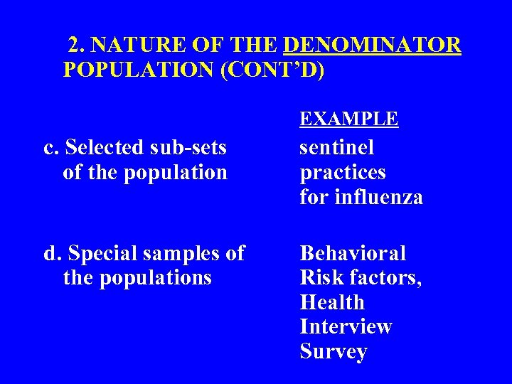  2. NATURE OF THE DENOMINATOR POPULATION (CONT’D) c. Selected sub-sets of the population