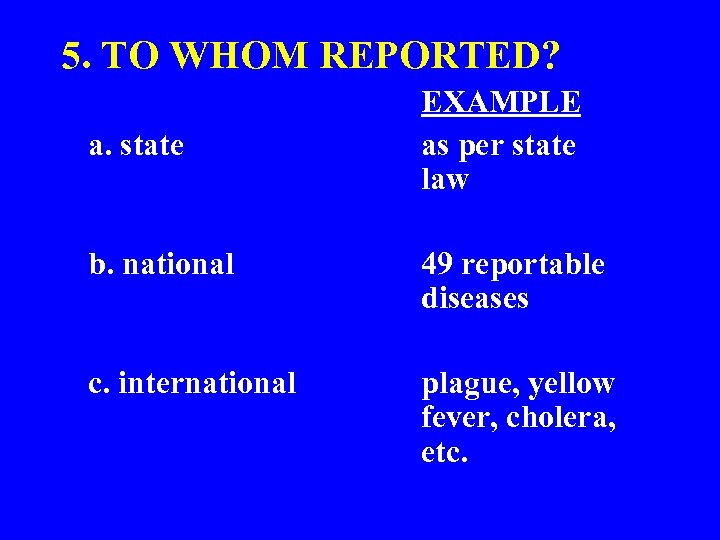 5. TO WHOM REPORTED? a. state EXAMPLE as per state law b. national 49