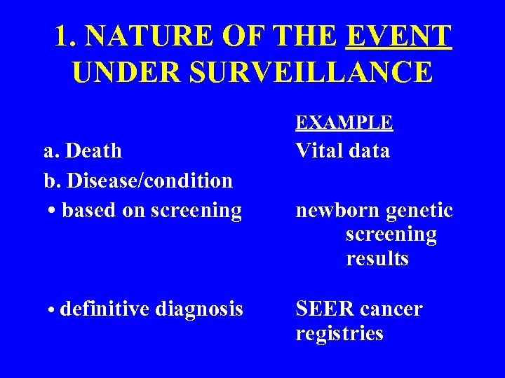 1. NATURE OF THE EVENT UNDER SURVEILLANCE EXAMPLE a. Death b. Disease/condition • based