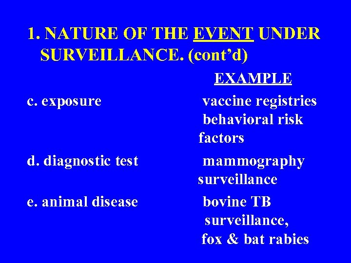 1. NATURE OF THE EVENT UNDER SURVEILLANCE. (cont’d) EXAMPLE c. exposure vaccine registries behavioral