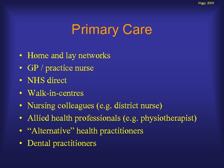 Higgi, 2003 Primary Care • • Home and lay networks GP / practice nurse