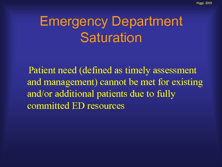 Higgi, 2003 Emergency Department Saturation Patient need (defined as timely assessment and management) cannot