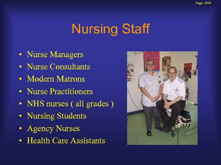 Higgi, 2003 Nursing Staff • • Nurse Managers Nurse Consultants Modern Matrons Nurse Practitioners