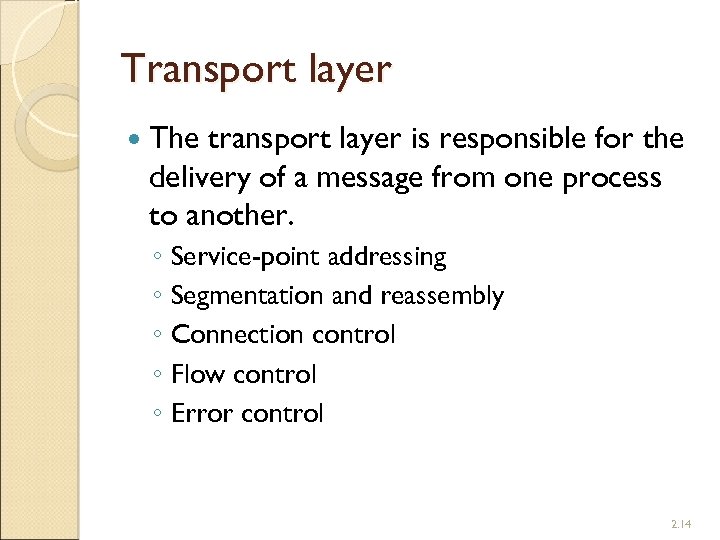 Transport layer The transport layer is responsible for the delivery of a message from
