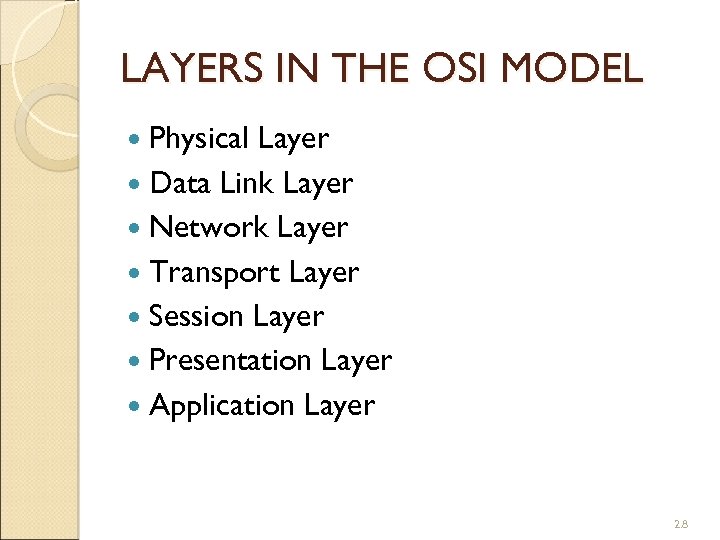 LAYERS IN THE OSI MODEL Physical Layer Data Link Layer Network Layer Transport Layer