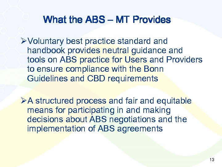 What the ABS – MT Provides ØVoluntary best practice standard and handbook provides neutral