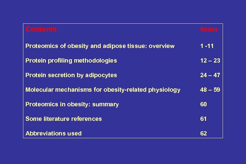 Contents Slides Proteomics of obesity and adipose tissue: overview 1 -11 Protein profiling methodologies