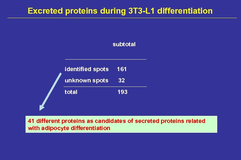 Excreted proteins during 3 T 3 -L 1 differentiation subtotal identified spots 161 unknown