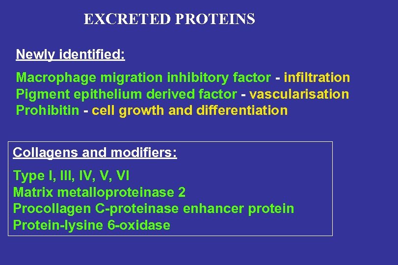 EXCRETED PROTEINS Newly identified: Macrophage migration inhibitory factor - infiltration Pigment epithelium derived factor