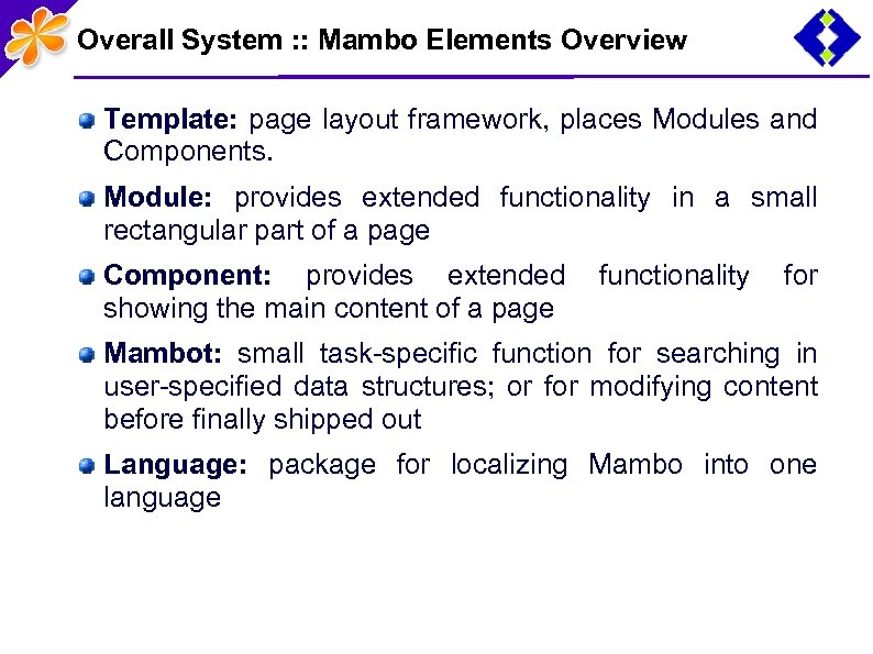 Overall System : : Mambo Elements Overview Template: page layout framework, places Modules and