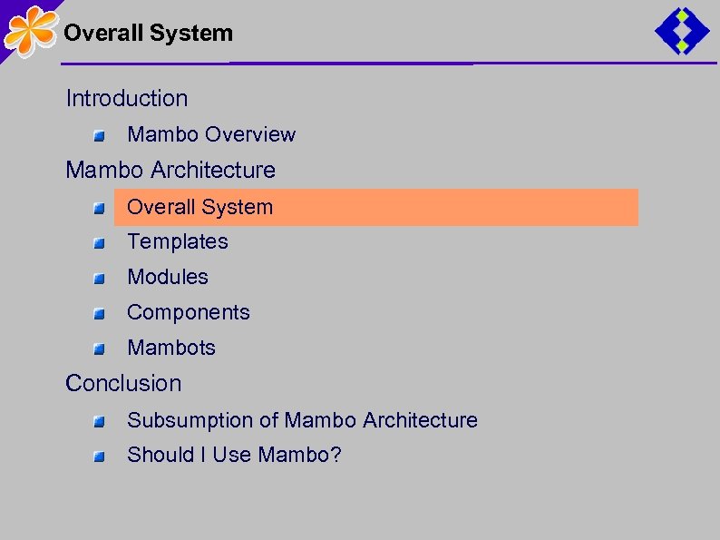 Overall System Introduction Mambo Overview Mambo Architecture Overall System Templates Modules Components Mambots Conclusion