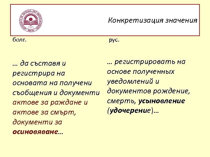 Конкретизация значения болг. рус. … да съставя и регистрира на основата на получени съобщения