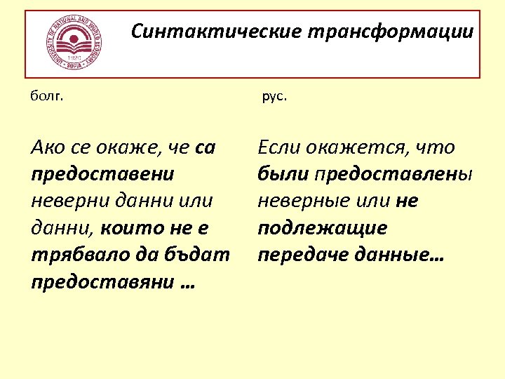 Синтактические трансформации болг. рус. Ако се окаже, че са предоставени неверни данни или данни,