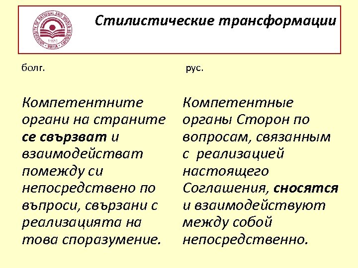 Стилистические трансформации болг. рус. Компетентните органи на страните се свързват и взаимодействат помежду си