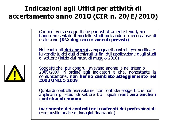 Indicazioni agli Uffici per attività di accertamento anno 2010 (CIR n. 20/E/2010) Controlli verso
