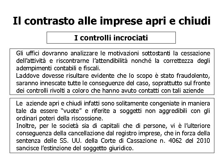 Il contrasto alle imprese apri e chiudi I controlli incrociati Gli uffici dovranno analizzare