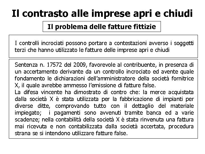 Il contrasto alle imprese apri e chiudi Il problema delle fatture fittizie I controlli