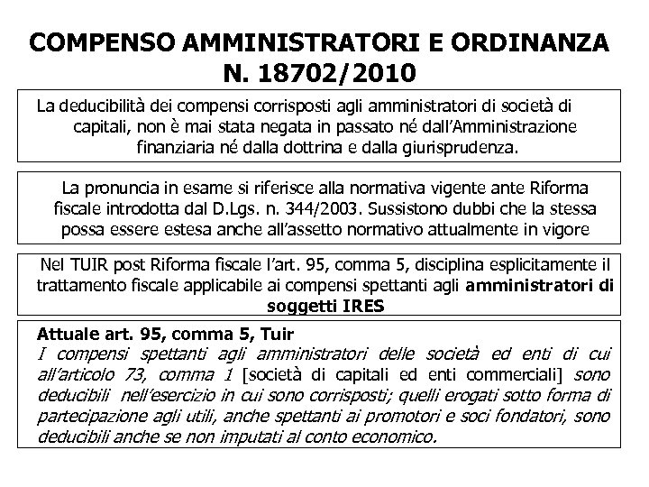 COMPENSO AMMINISTRATORI E ORDINANZA N. 18702/2010 La deducibilità dei compensi corrisposti agli amministratori di