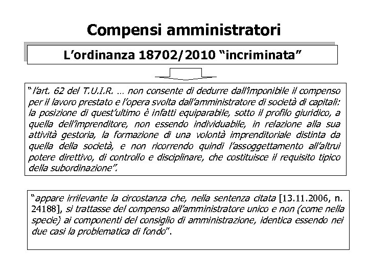 Compensi amministratori L’ordinanza 18702/2010 “incriminata” “l’art. 62 del T. U. I. R. … non