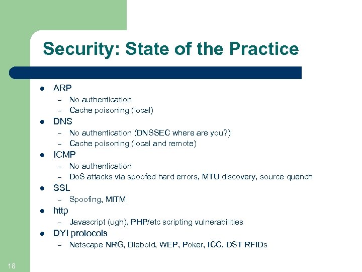 Security: State of the Practice l ARP – – l DNS – – l